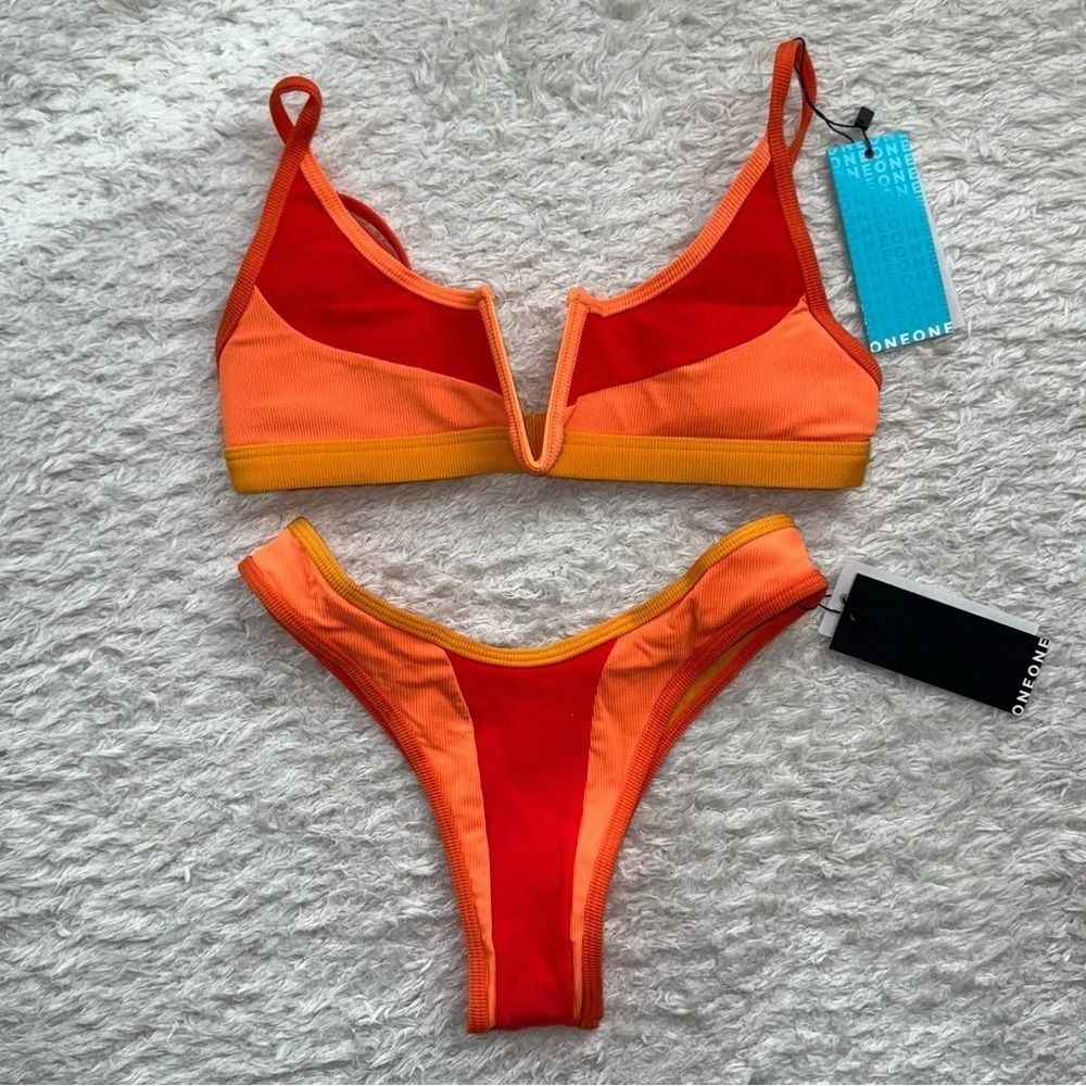 NWT OneOne Swimwear Bikini Set Cairo Orange Red Ribbed Jenna Maddie Small New